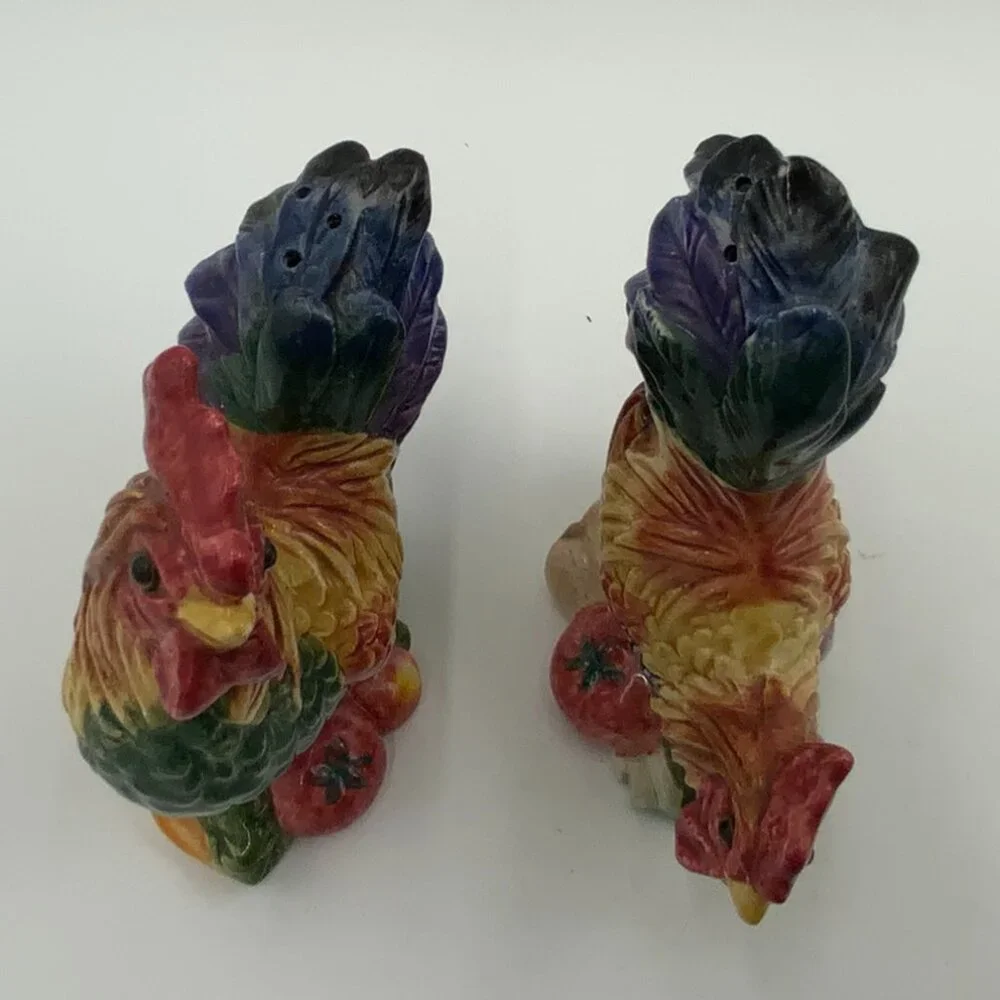 1996 Fritz & Floyd Hen and Rooster Salt & Pepper Shakers Fruit & Veggies